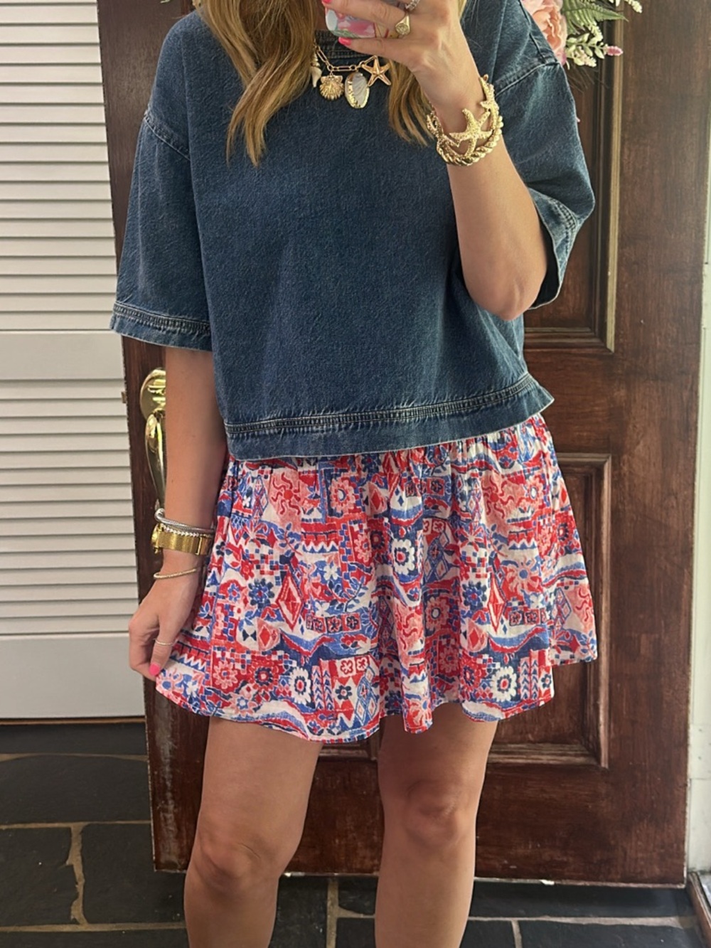 LOFT Red & Blue Printed Mini Skirt